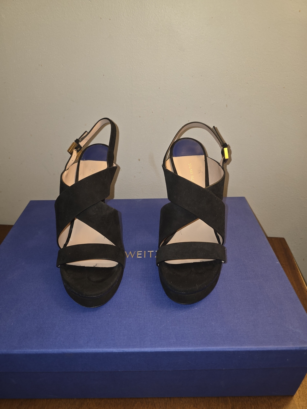 Stuart Weitzman Black Suede Crisscross Platform Sandals